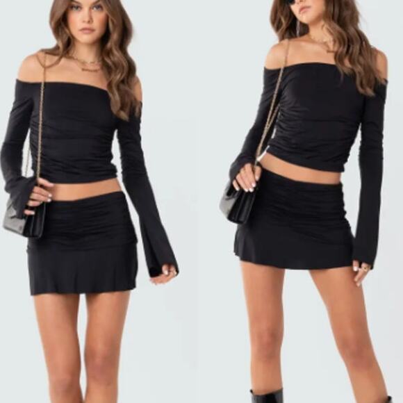 Edikted Dresses & Skirts - Edikted Ruched Off-Shoulder Crop Top Corey Low Rise Mini Skirt Set Black S / XS